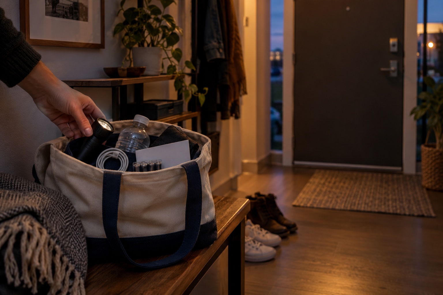 Illustrative canvas tote on an apartment bench with an unbranded flashlight, sealed water bottle, blank card, batteries and charging cable at dusk