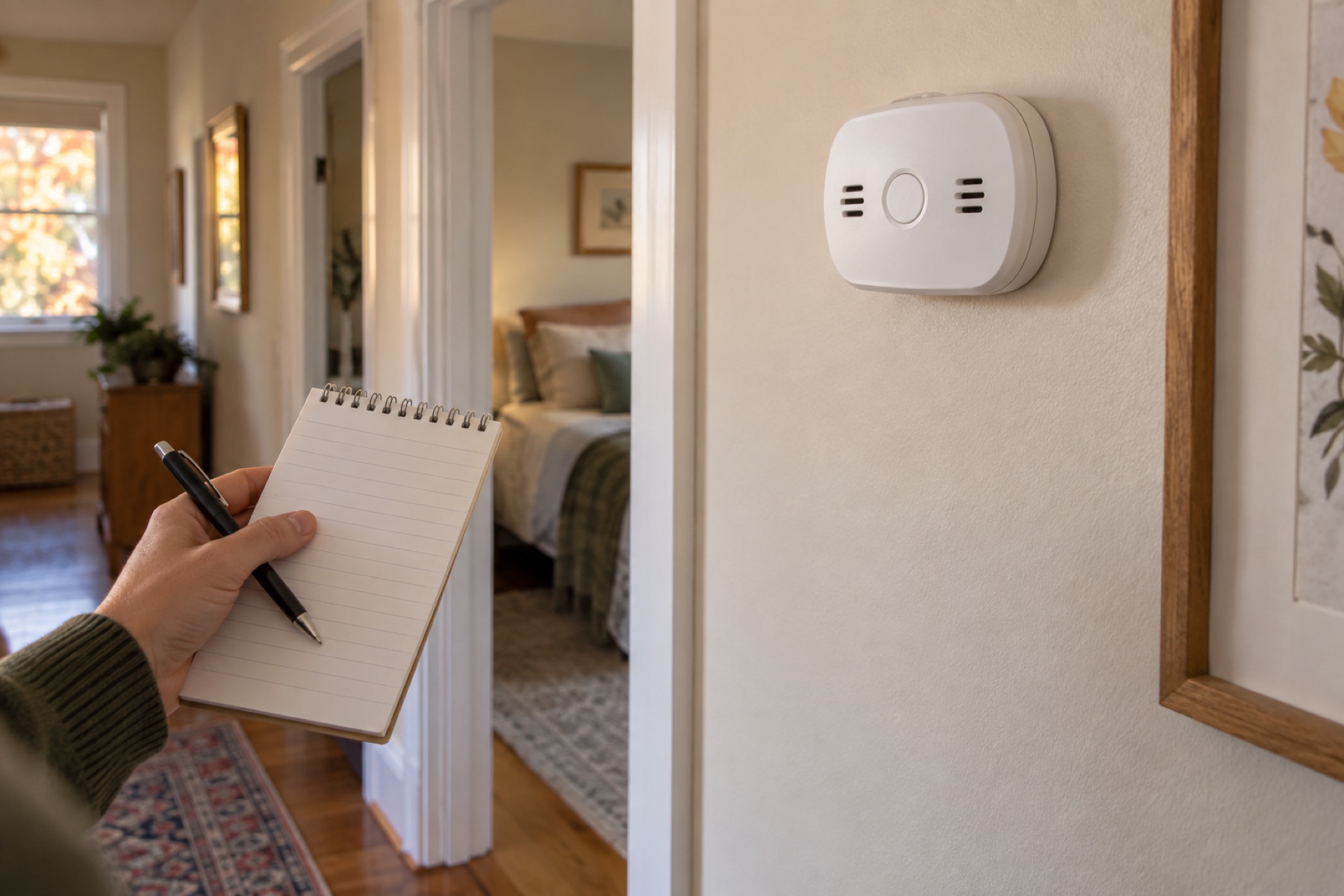 Illustrative unbranded carbon monoxide alarm in a home hallway near bedrooms, with a blank checklist and pen in the foreground