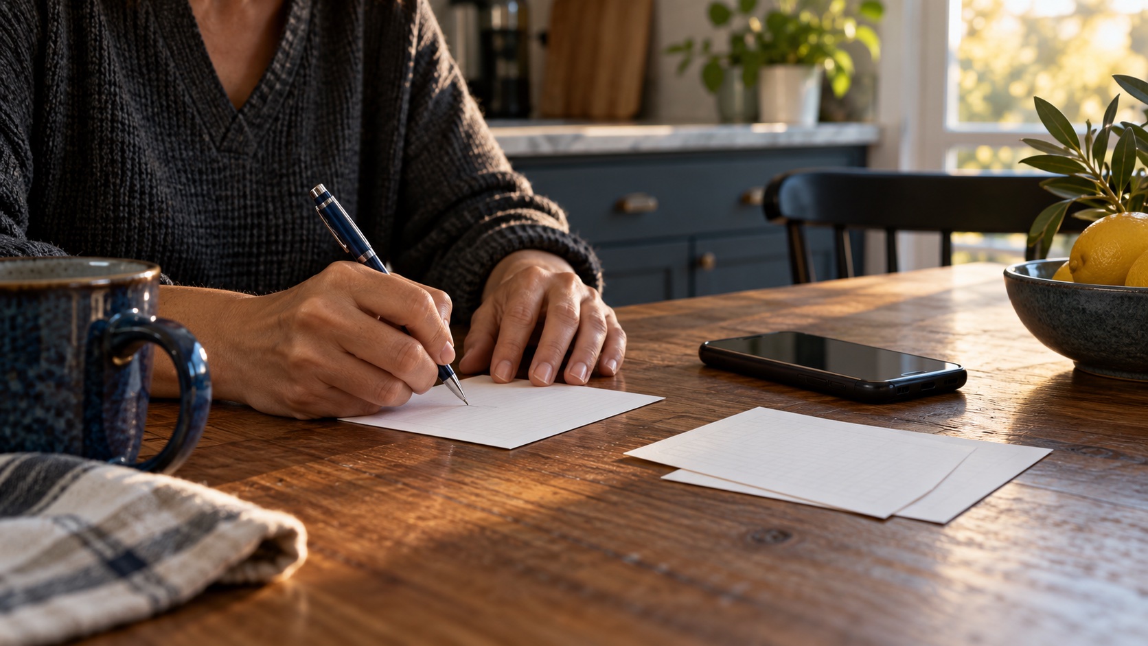 Illustrative scene of a person writing on a blank card at a kitchen table beside a phone