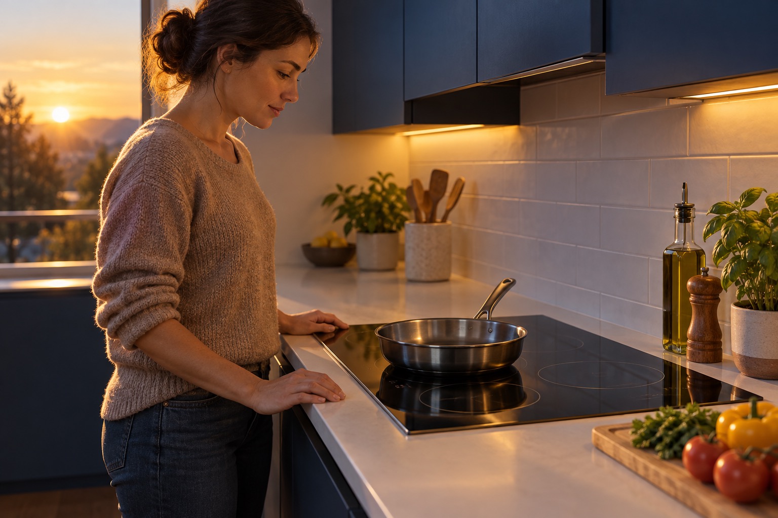 Illustrative attentive adult beside an off electric stovetop and empty pan; not an equipment safety certification