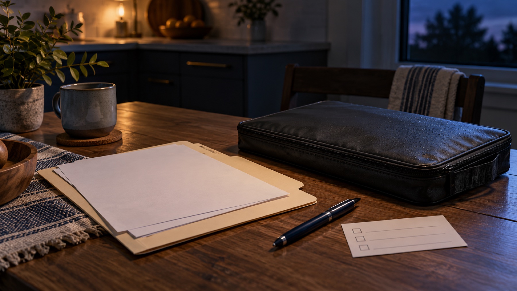 Illustrative blank papers, pen and closed unbranded document pouch on a kitchen table; no actual personal records are shown