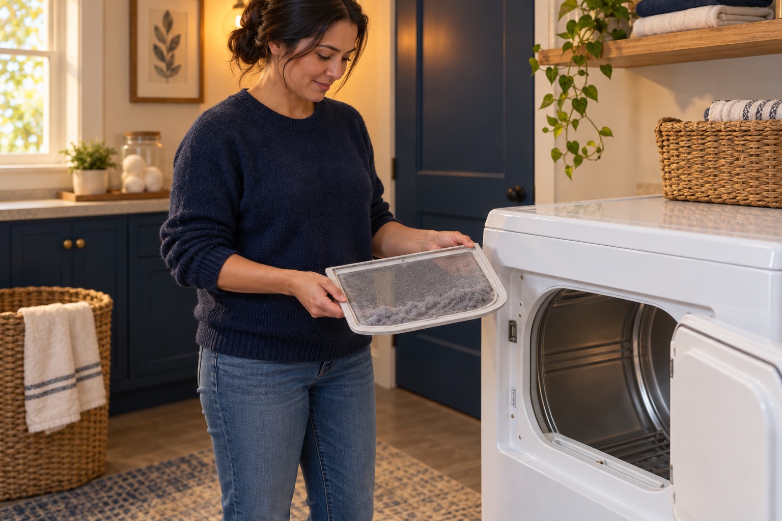 Illustrative adult inspecting a removable lint screen beside a stopped dryer; not model-specific instructions