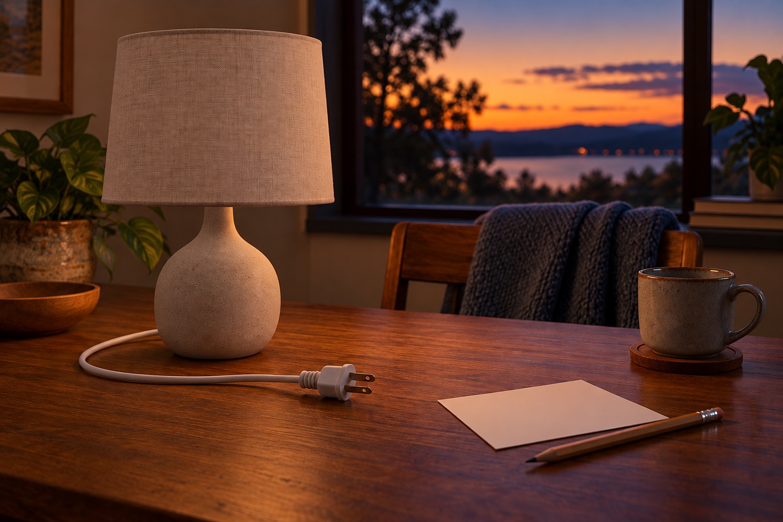 Illustrative unplugged unlit table lamp with an intact cord and blank note card; not an electrical safety certification