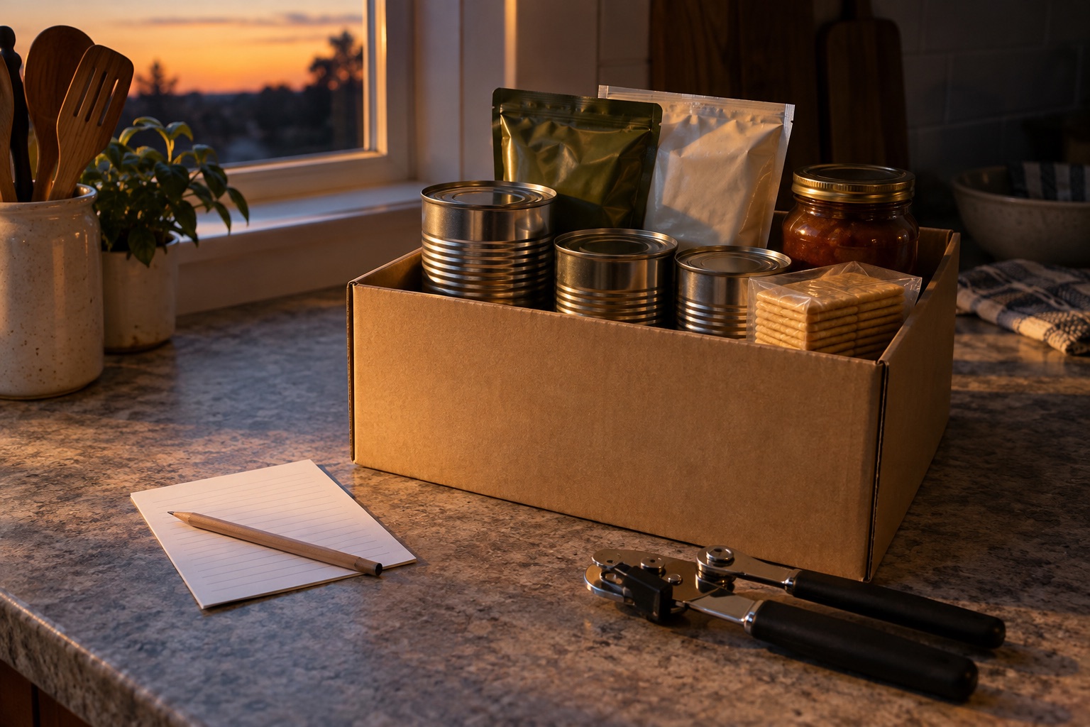Illustrative box of unopened unbranded canned and sealed foods on a kitchen counter with a manual can opener and blank inventory card at dusk