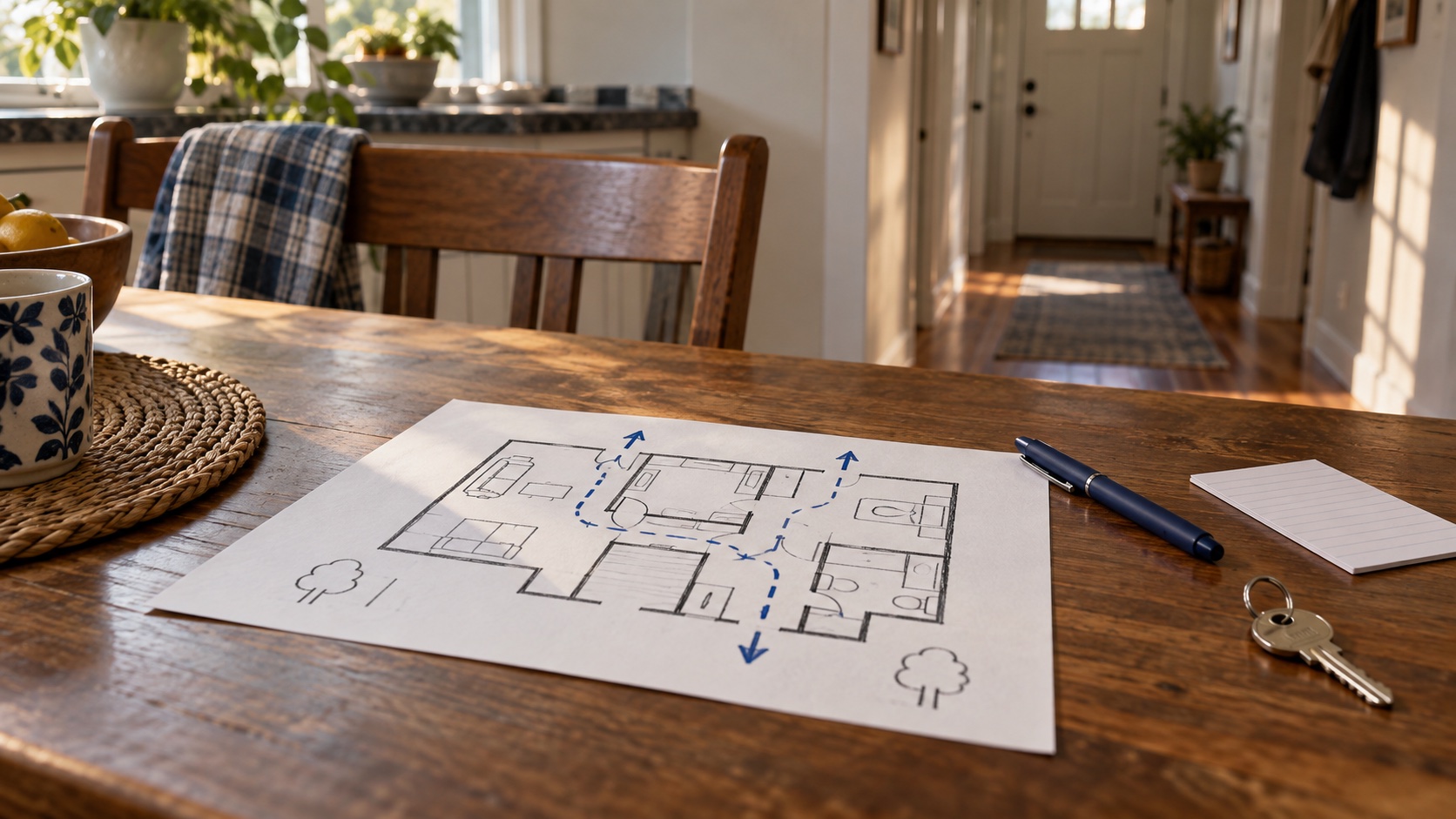 Illustrative blank floor-plan sketch on a kitchen table with a pen and house key; not a usable escape diagram