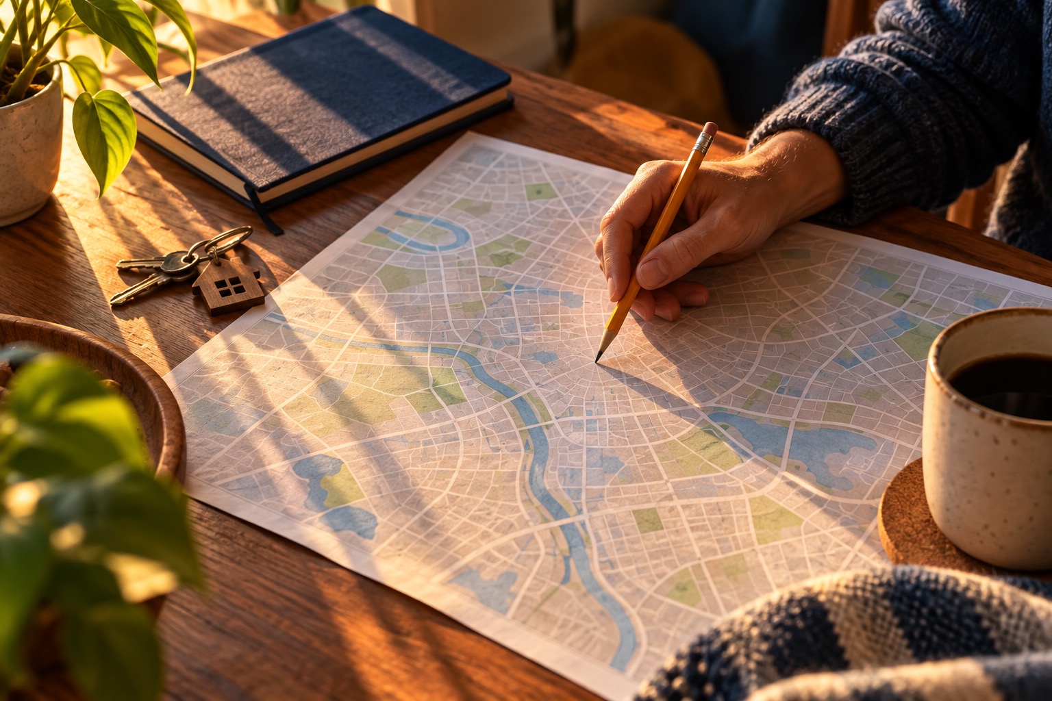 Illustrative person marking an abstract street map at home beside a notebook and keys; not a usable evacuation diagram