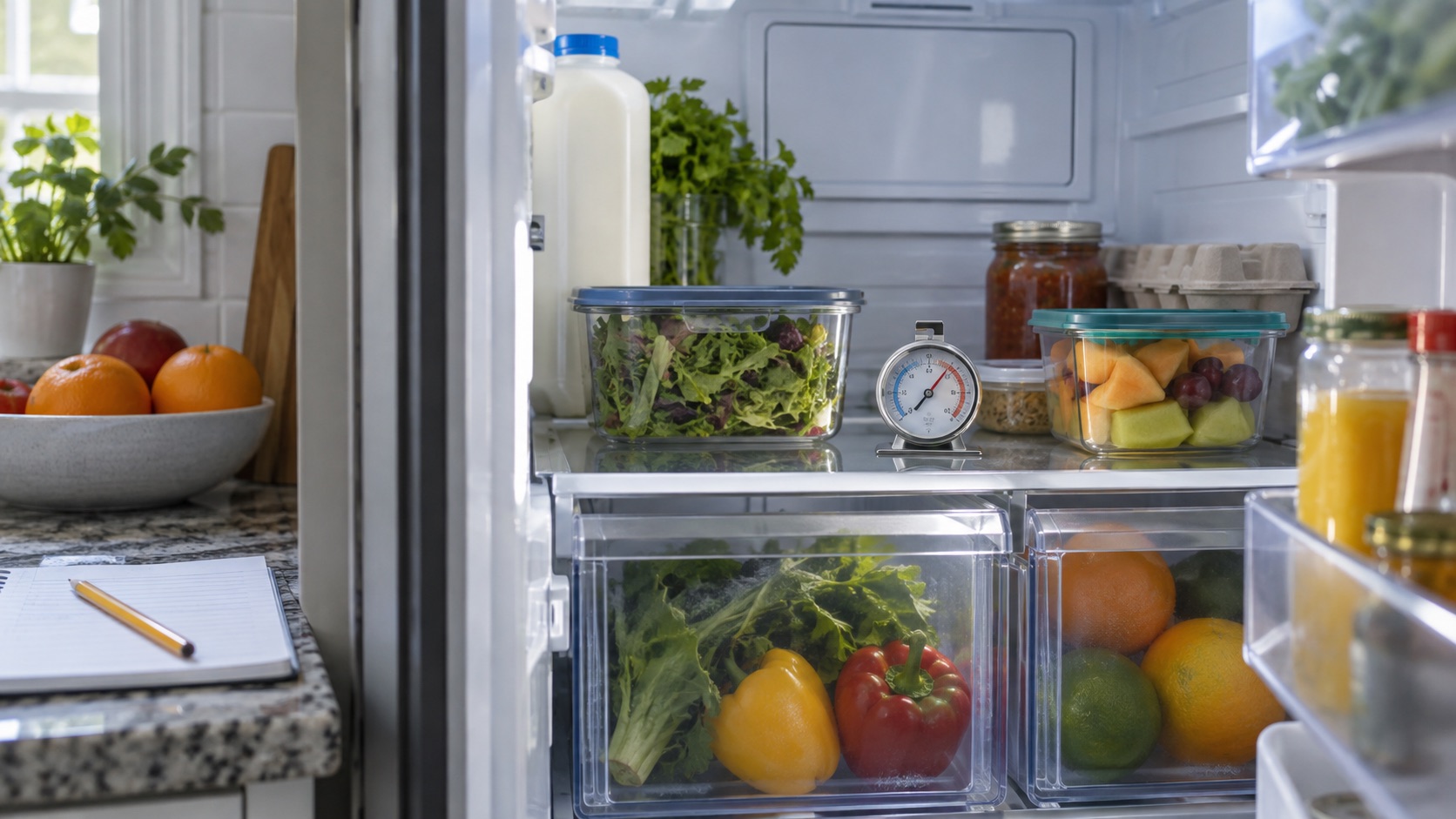 Illustrative image of an appliance thermometer on a refrigerator shelf