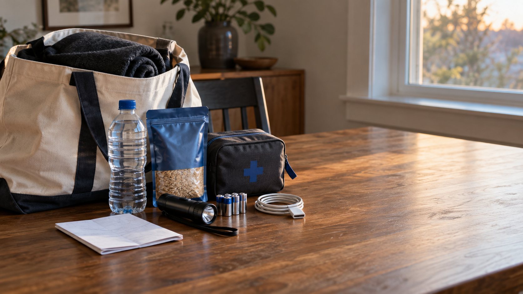 Illustrative household tote on a table with a flashlight, batteries, sealed water bottle, food pouch, first aid pouch and charging cable
