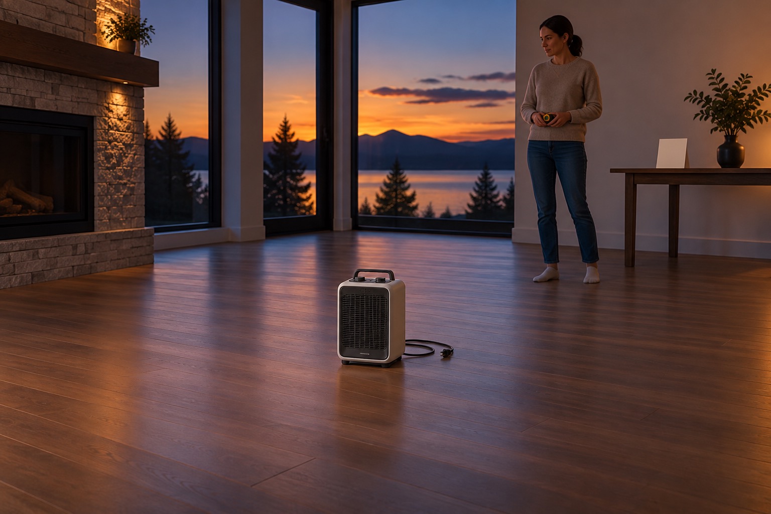 Illustrative switched-off unplugged heater on an open floor with a person holding a tape measure; not a measured clearance diagram