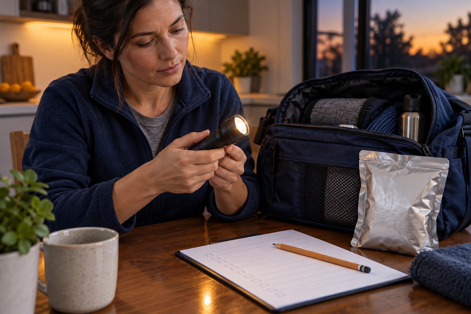 Illustrative person checking an unbranded flashlight beside an open bag and blank inventory sheet at home