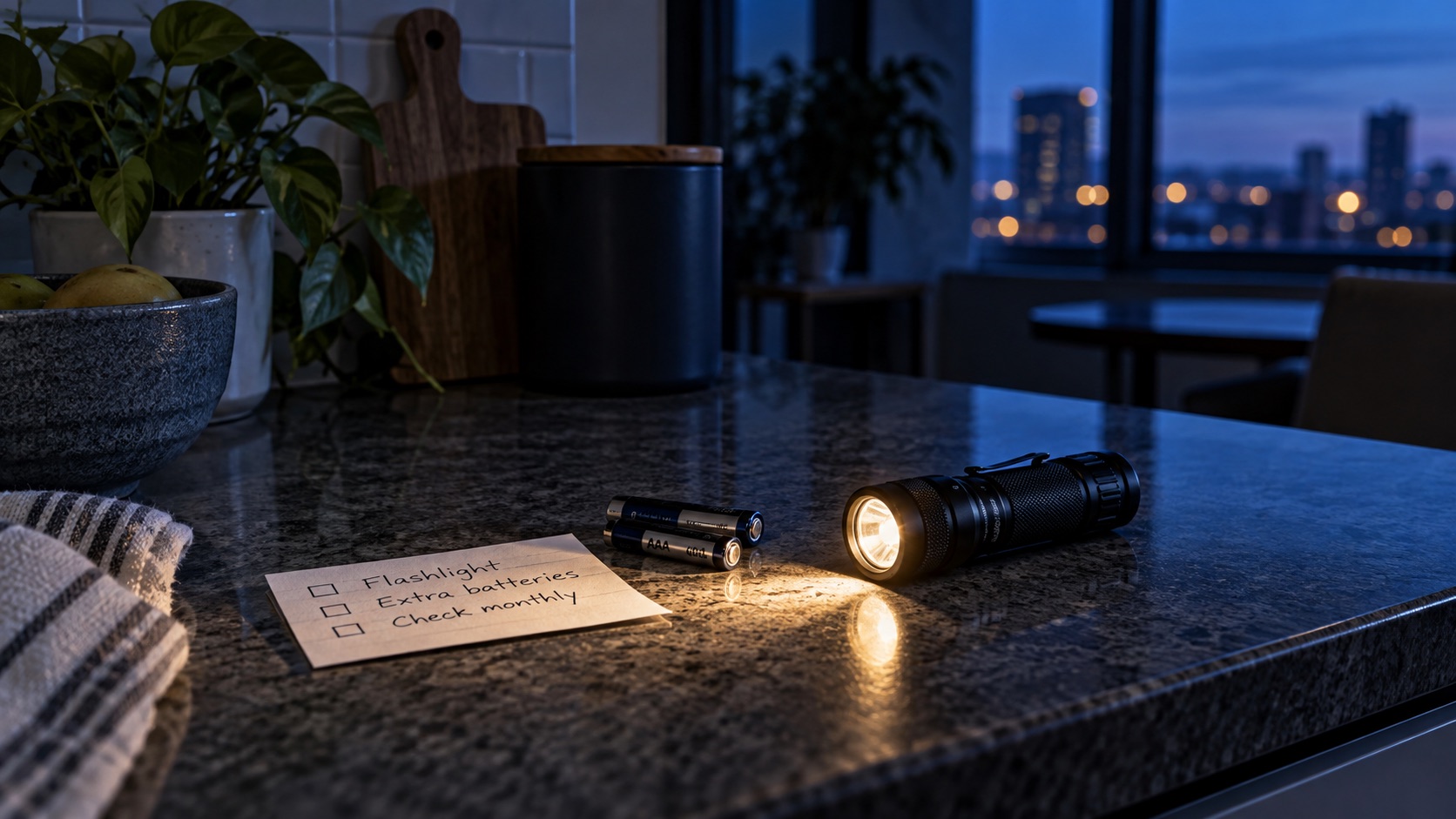 Illustrative image of a flashlight and spare batteries on an apartment counter at dusk