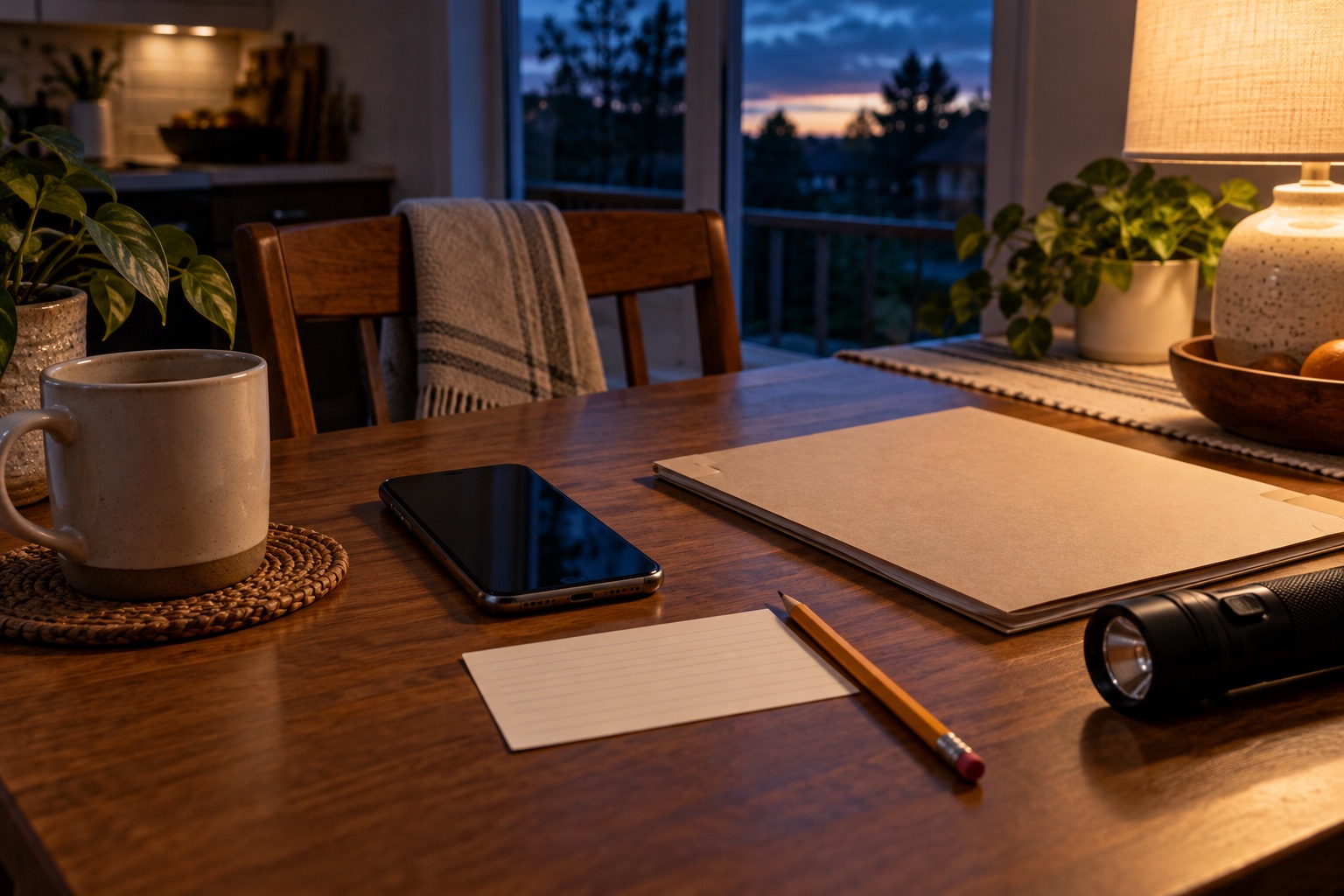 Illustrative household planning desk with a phone, blank utility contact card and flashlight