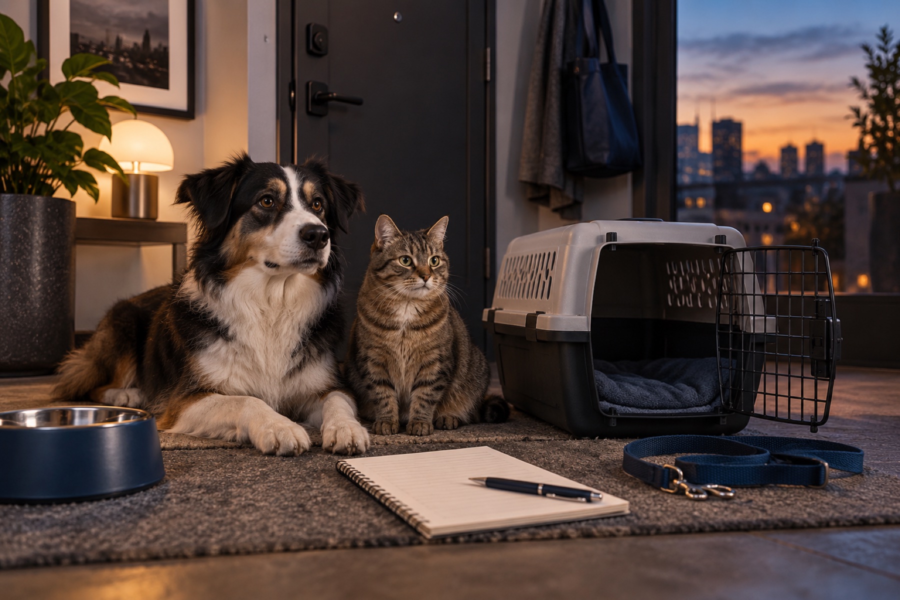 Illustrative dog and cat beside an empty carrier, leash, water bowl and blank notebook near an apartment door at dusk