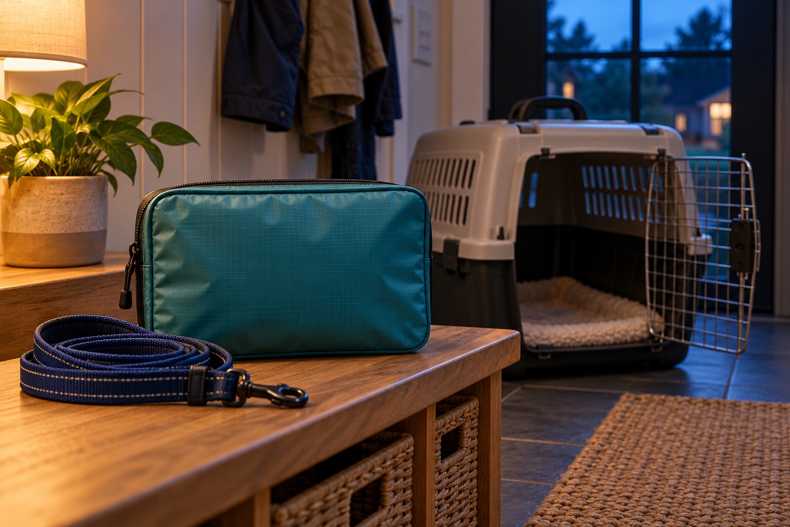 Illustrative closed document pouch beside an empty pet carrier and leash; no private records shown
