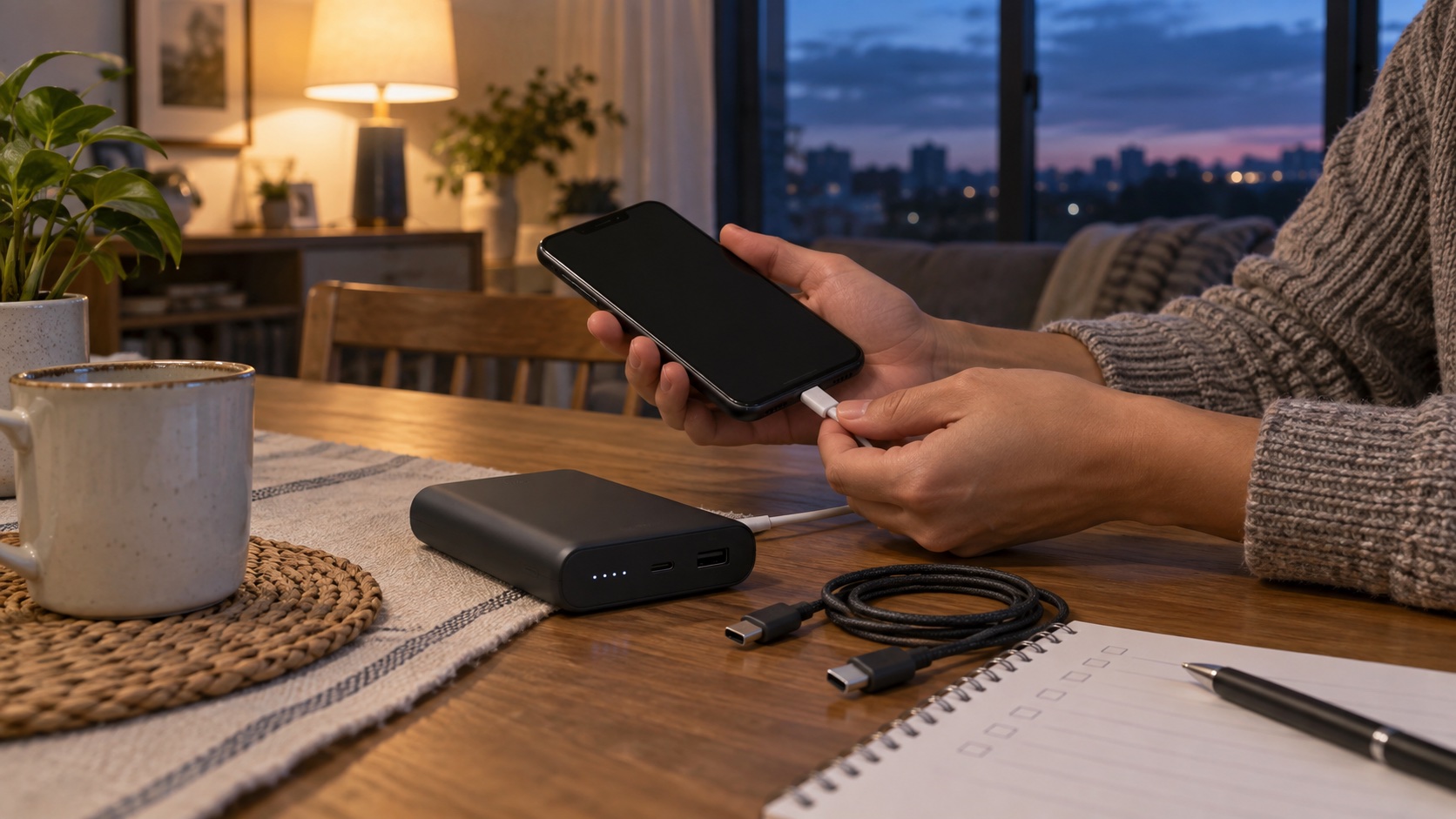 Illustrative person connecting a phone to an unbranded battery pack at a kitchen table beside a blank checklist
