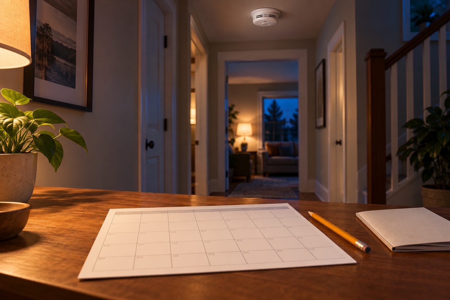 Illustrative household calendar and model manual on a desk with a smoke alarm visible in the hallway