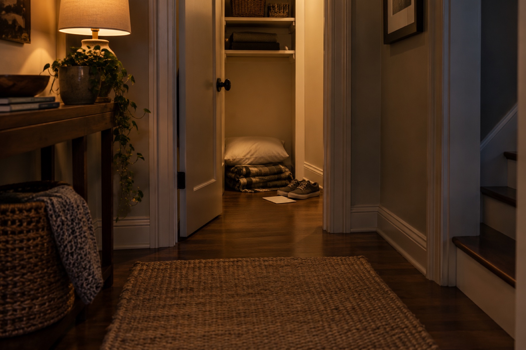 Illustrative clear hallway to a windowless interior closet with a pillow, folded blanket and shoes nearby at dusk