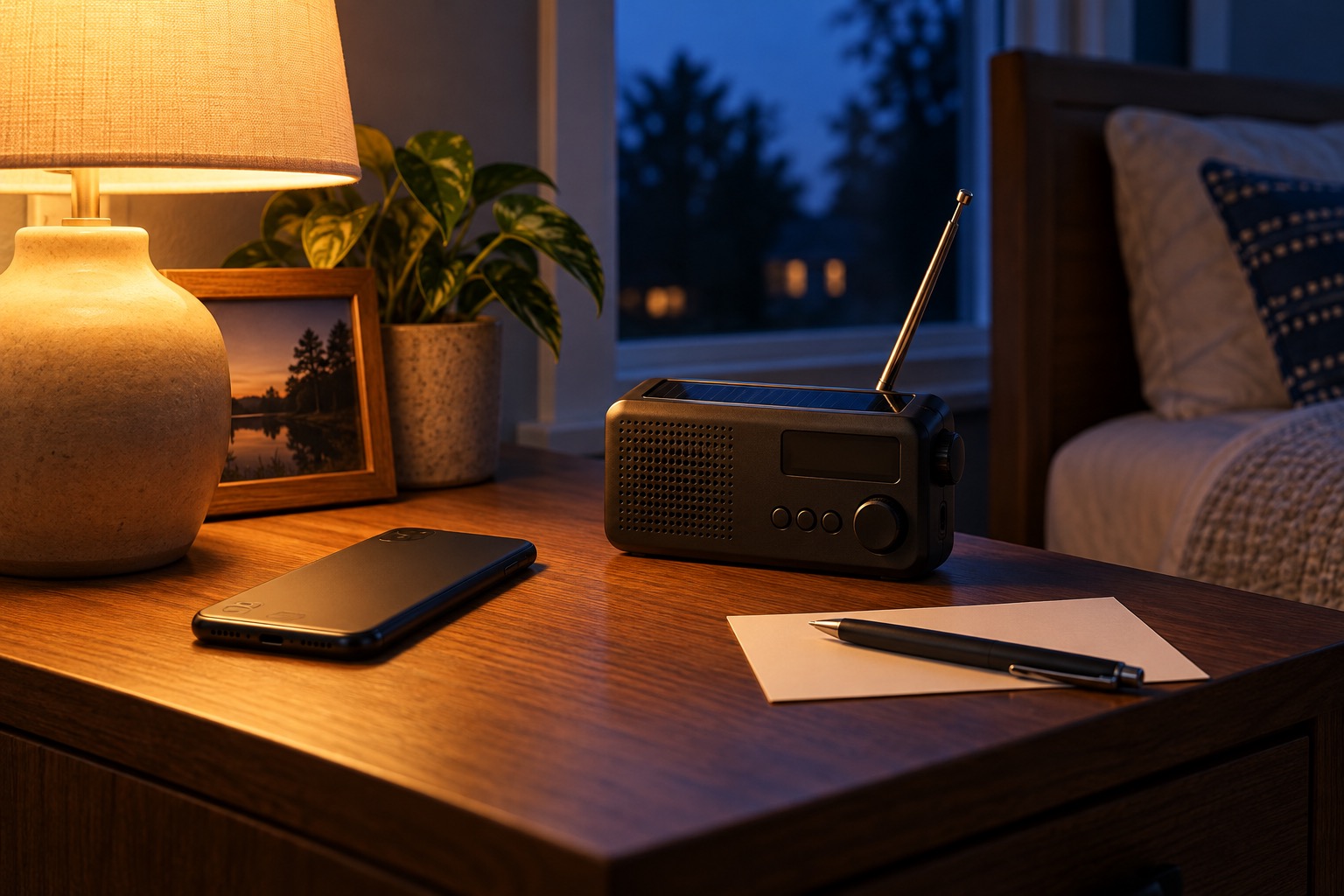 Illustrative bedside table with a phone, unbranded radio, blank planning card and pen at dusk
