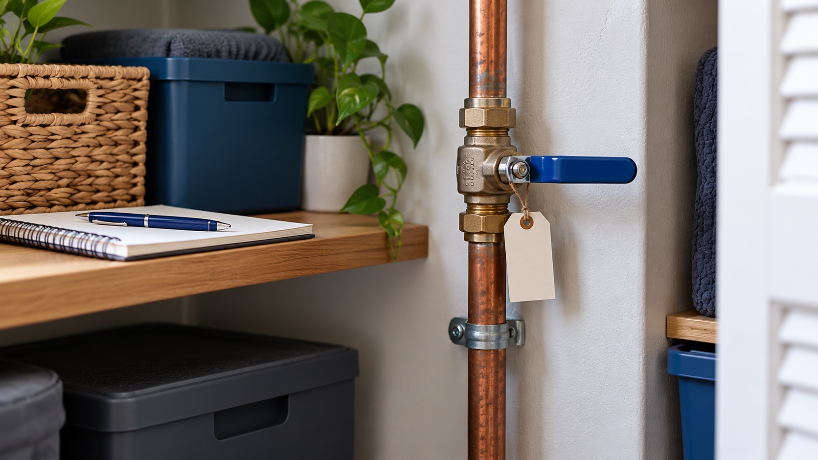 Illustrative water pipe with a blue-handled valve and blank tag beside a notebook; not a diagram of any reader’s plumbing
